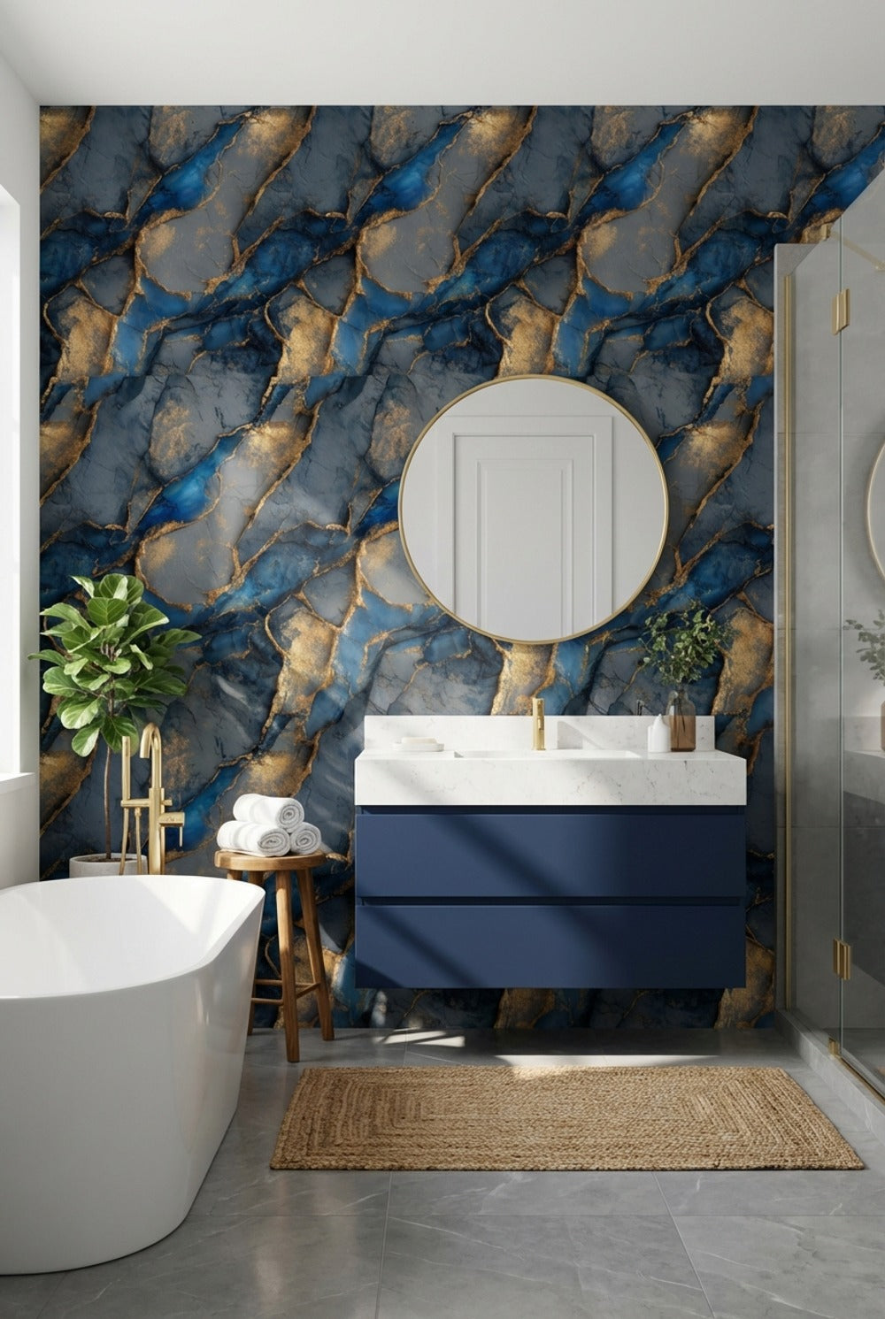 Marble Wallpaper Blue Golden Look  Decorative Mural