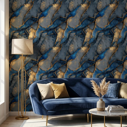 Marble Wallpaper Blue Golden Look  Decorative Mural