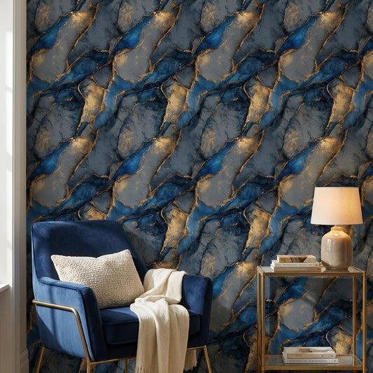 Marble Wallpaper Blue Golden Look  Decorative Mural