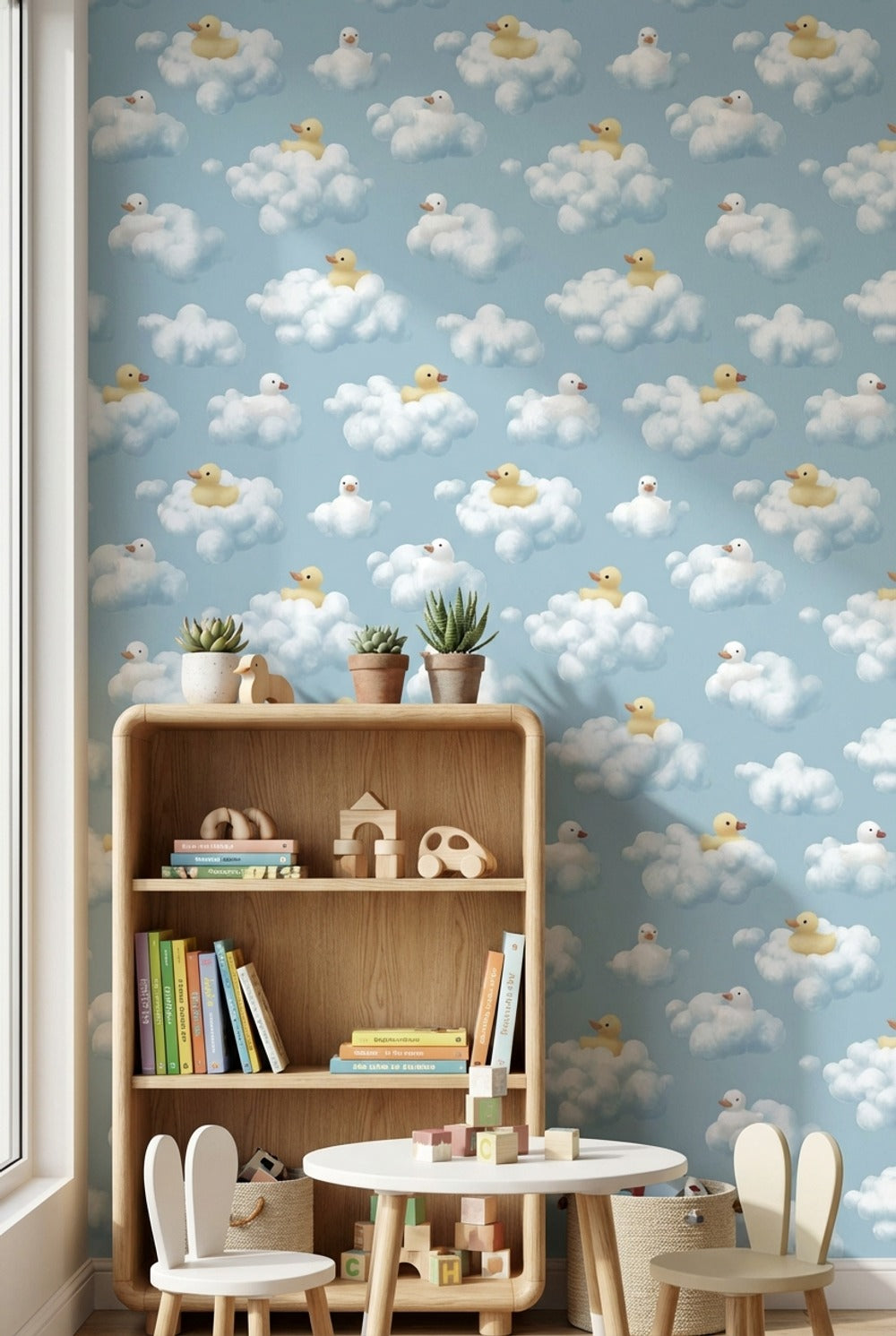 Whimsical Clouds Wallpaper Playful Ducks Decorative Mural
