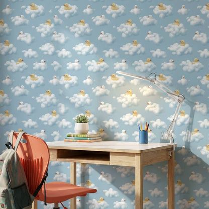 Whimsical Clouds Wallpaper Playful Ducks Decorative Mural