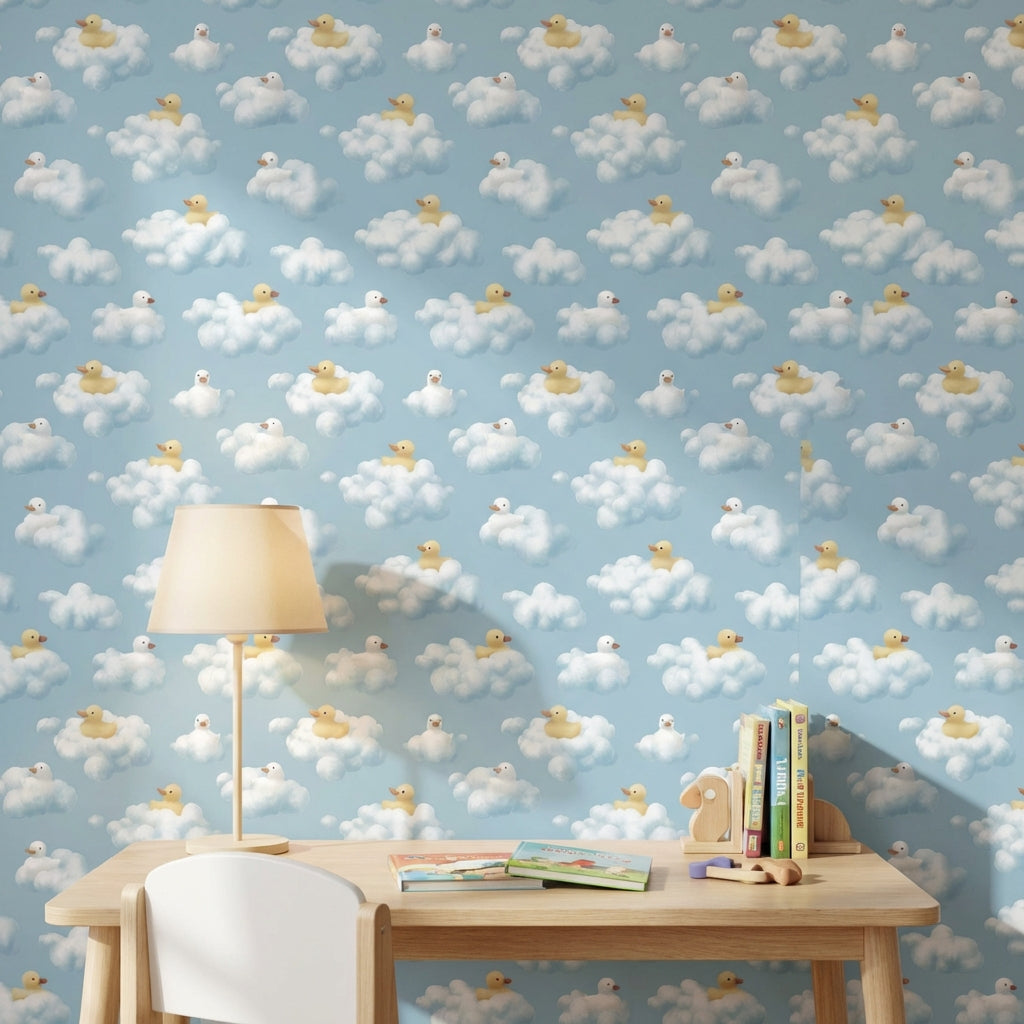 Whimsical Clouds Wallpaper Playful Ducks Decorative Mural