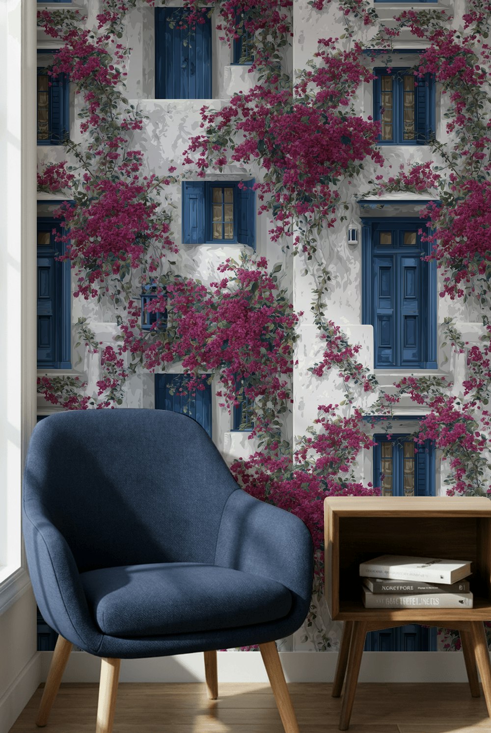 Mediterranean Walls Wallpaper Blue Floral Decorative Mural