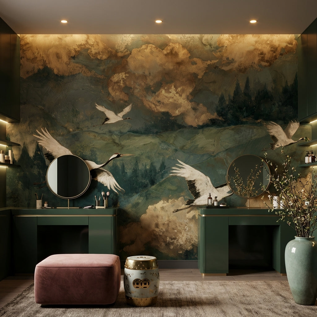 Cranes Landscape Wallpaper Green Vintage Wall Mural