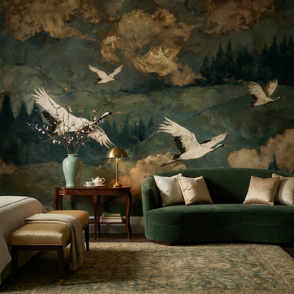 Cranes Landscape Wallpaper Green Vintage Wall Mural