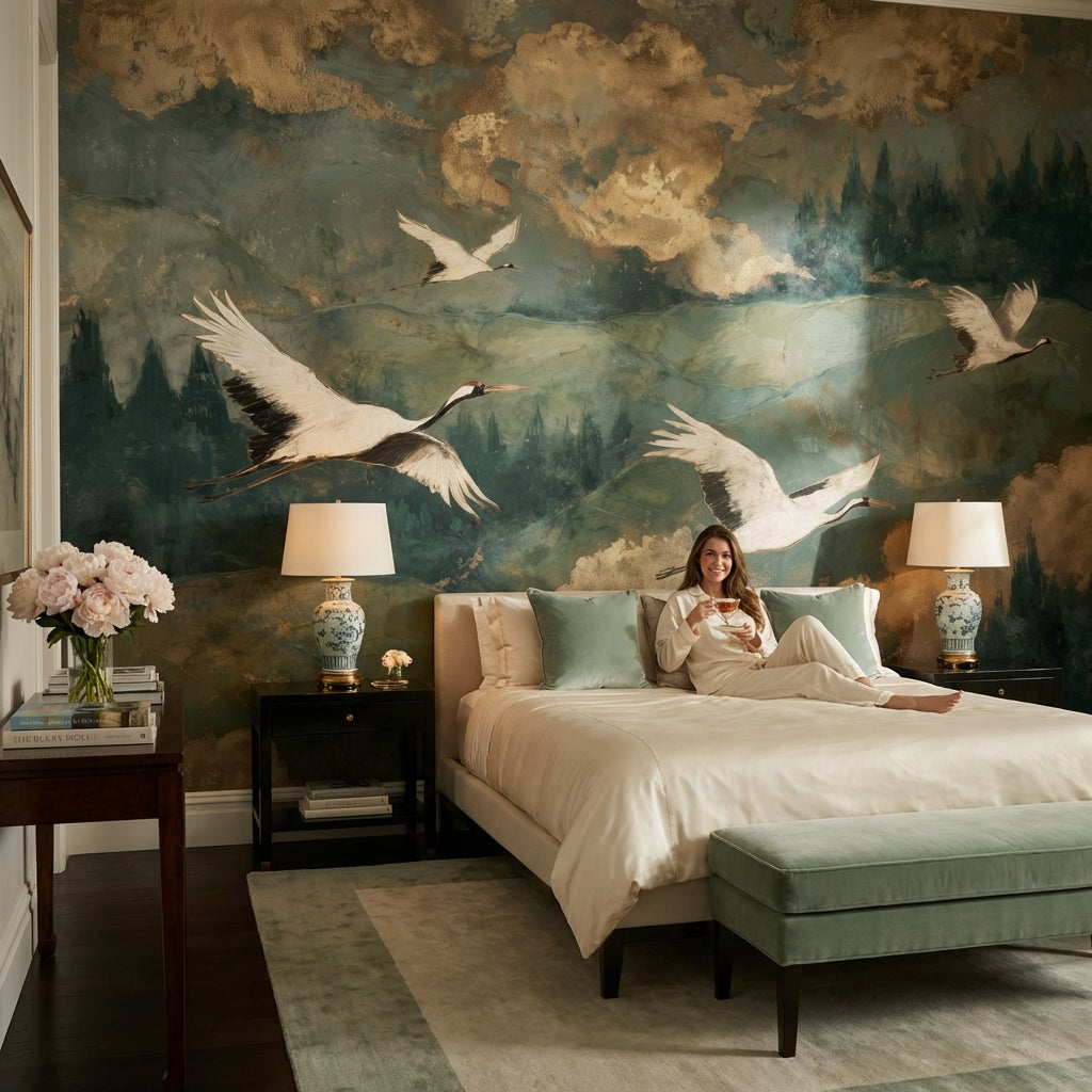 Cranes Landscape Wallpaper Green Vintage Wall Mural