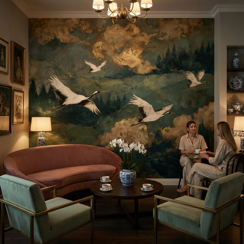 Cranes Landscape Wallpaper Green Vintage Wall Mural