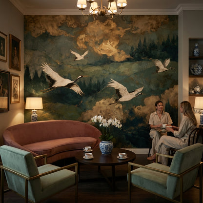 Cranes Landscape Wallpaper Green Vintage Wall Mural