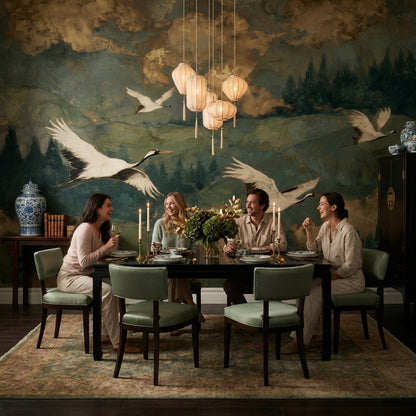 Cranes Landscape Wallpaper Green Vintage Wall Mural