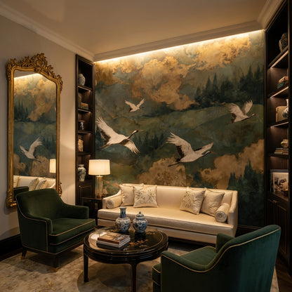 Cranes Landscape Wallpaper Green Vintage Wall Mural