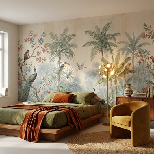 Vintage Tropical Wallpaper Green Blue Removable Wall Decor