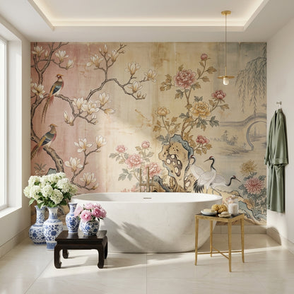 Chinoiserie Birds Wallpaper Asian Landscape Wall Decor