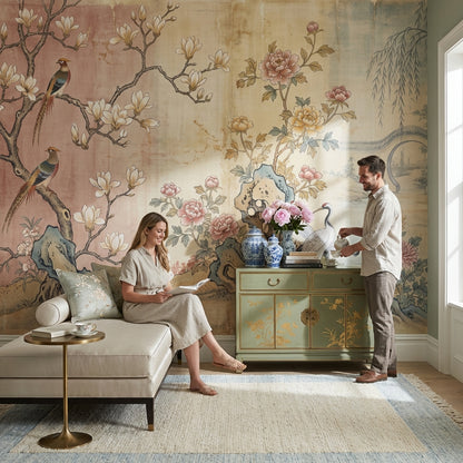 Chinoiserie Birds Wallpaper Asian Landscape Wall Decor