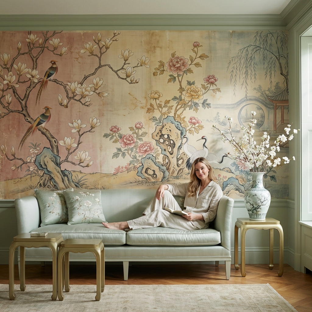 Chinoiserie Birds Wallpaper Asian Landscape Wall Decor