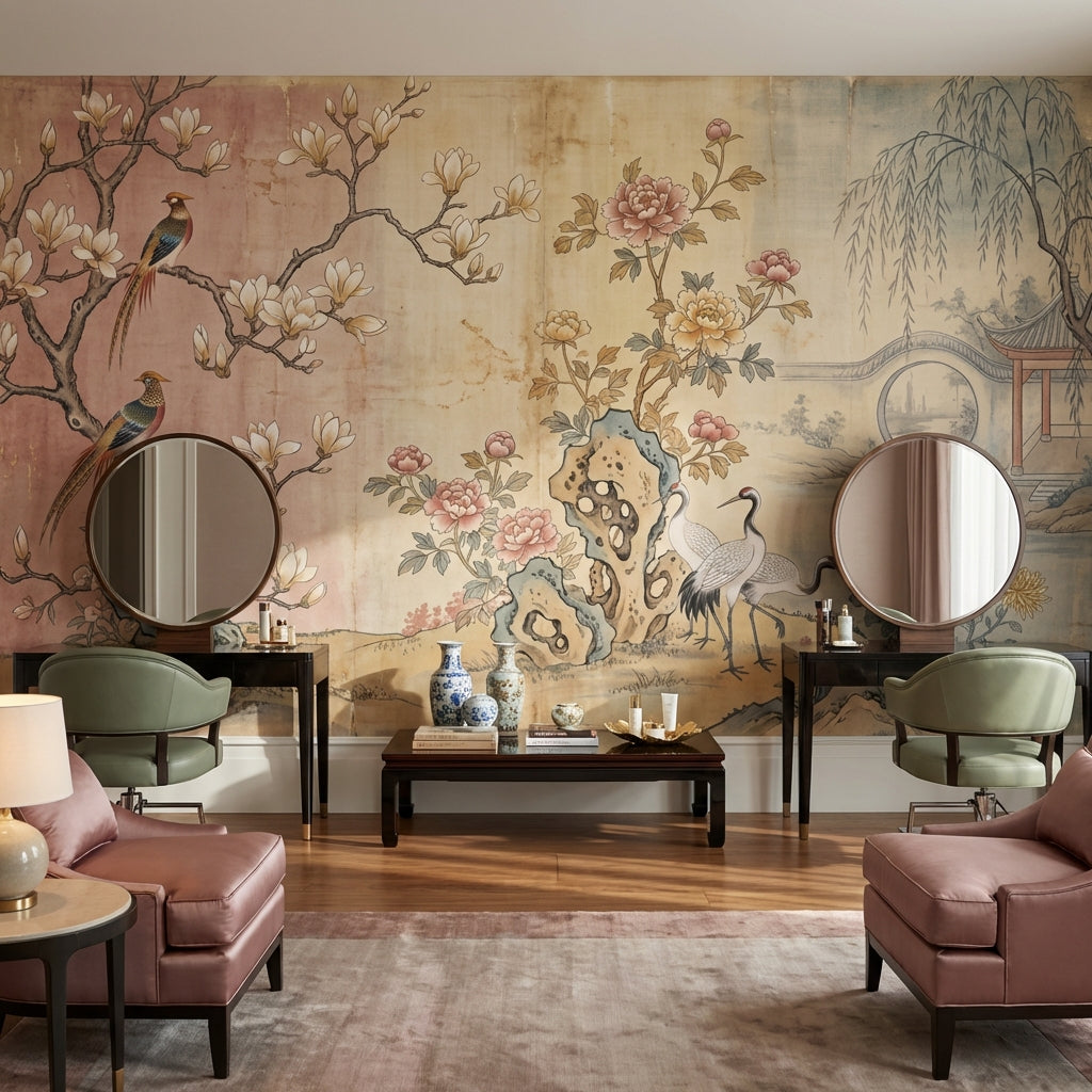 Chinoiserie Birds Wallpaper Asian Landscape Wall Decor