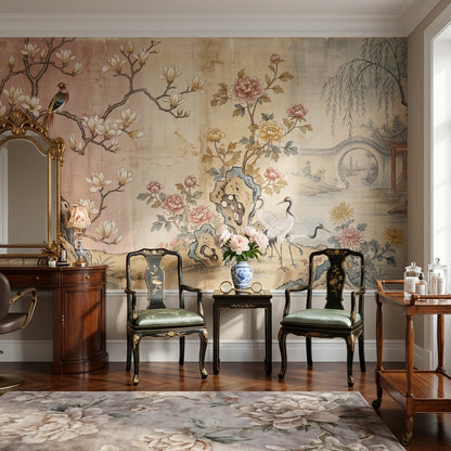 Chinoiserie Birds Wallpaper Asian Landscape Wall Decor