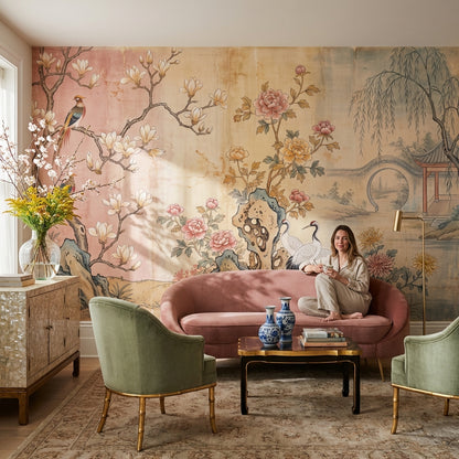 Chinoiserie Birds Wallpaper Asian Landscape Wall Decor