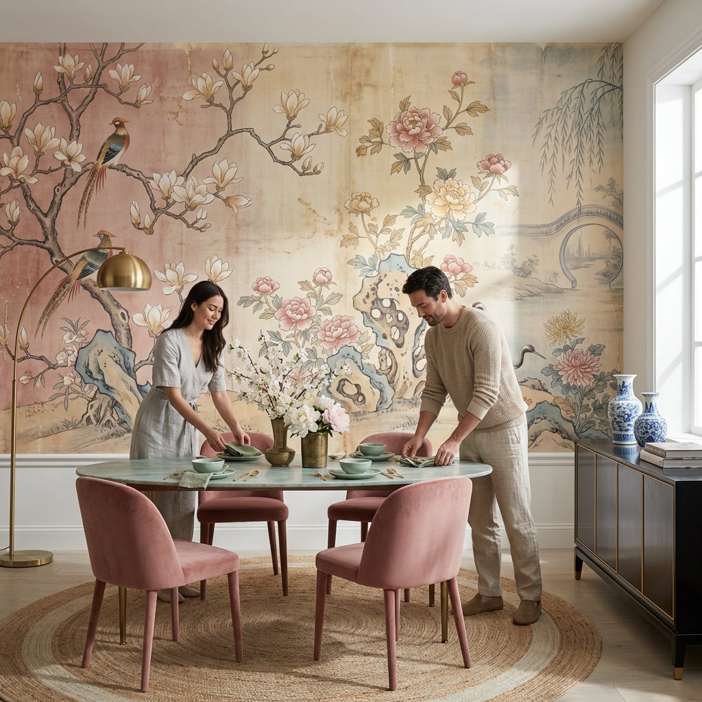 Chinoiserie Birds Wallpaper Asian Landscape Wall Decor
