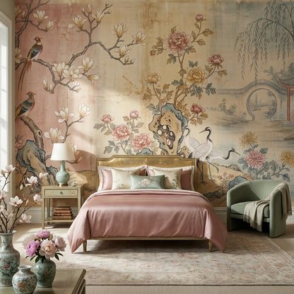 Chinoiserie Birds Wallpaper Asian Landscape Wall Decor
