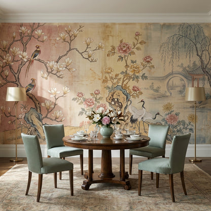 Chinoiserie Birds Wallpaper Asian Landscape Wall Decor