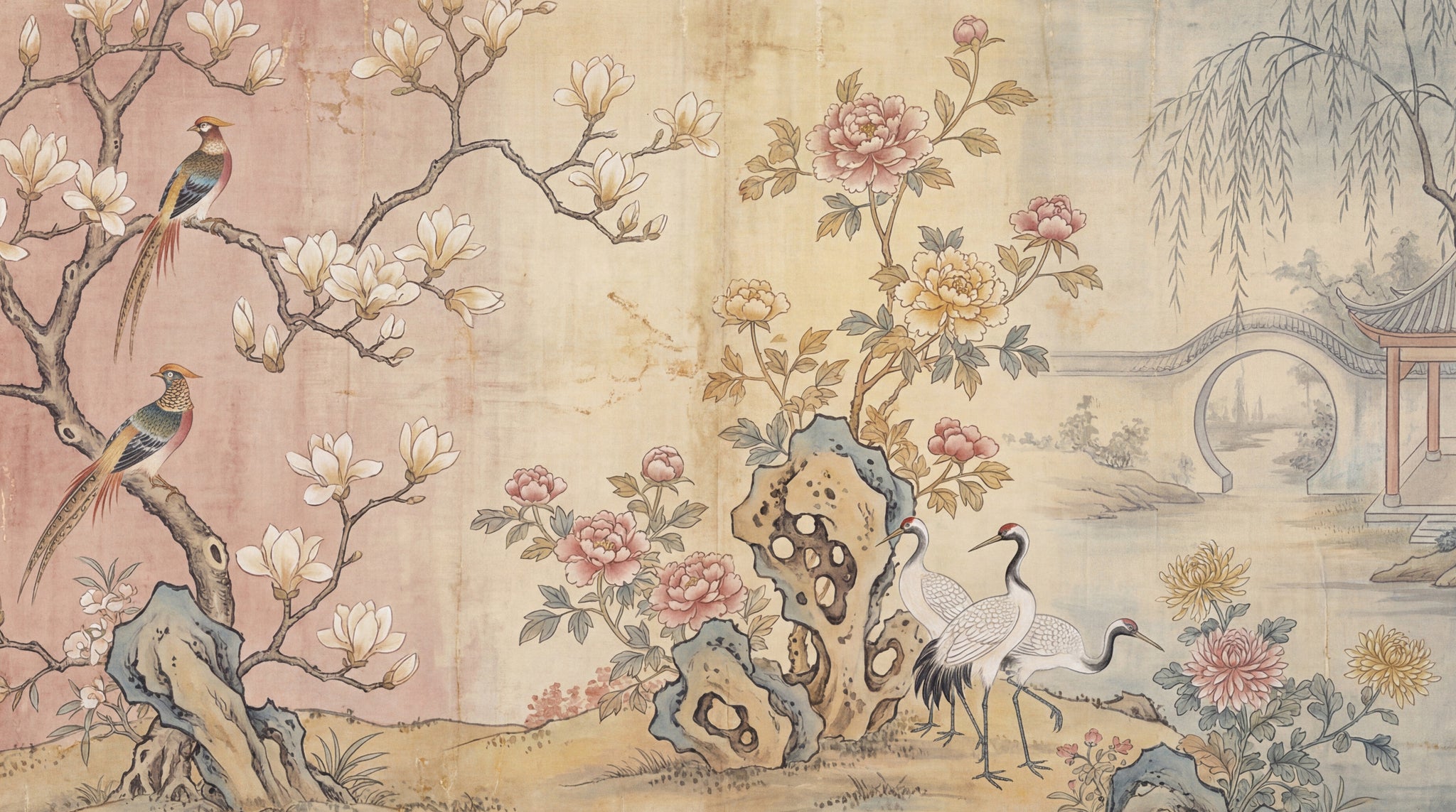 Chinoiserie Birds Wallpaper Asian Landscape Wall Decor
