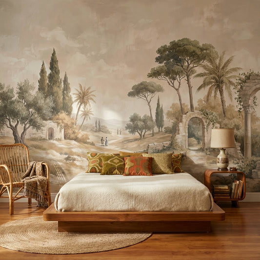 Mediterranean Trees Wallpaper Vintage Pastoral Wall Decor