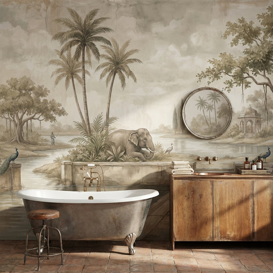 Elephant Landscape Wallpaper Pavilion Vintage Wall Decor