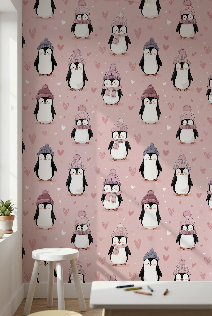 Penguins Wallpaper Pink Playful Decorative Mural