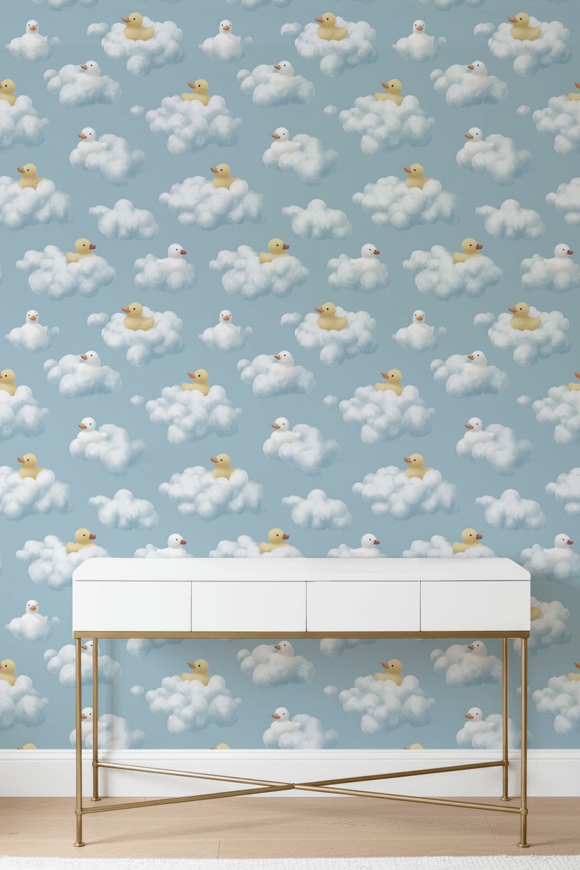 Whimsical Clouds Wallpaper Playful Ducks Decorative Mural