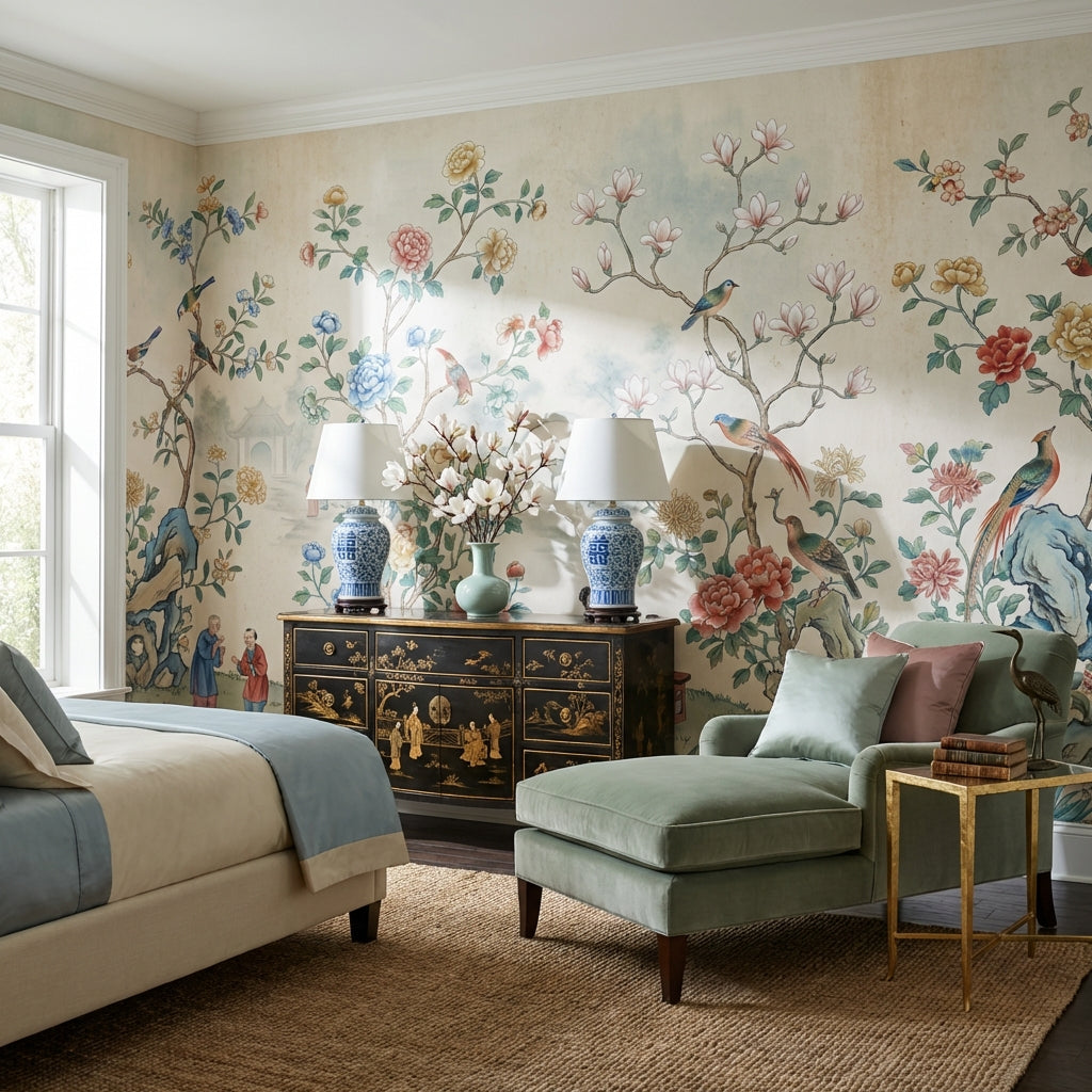 Toile Wallpaper Floral Birds Removable Wall Decor