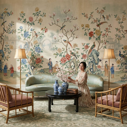 Toile Wallpaper Floral Birds Removable Wall Decor