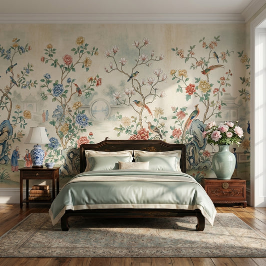 Toile Wallpaper Floral Birds Removable Wall Decor