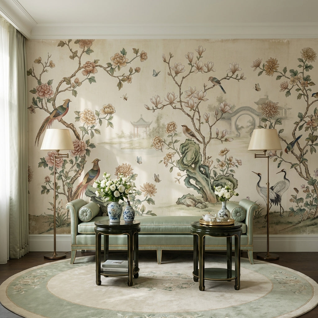 Floral Wallpaper Birds Asian Wall Mural
