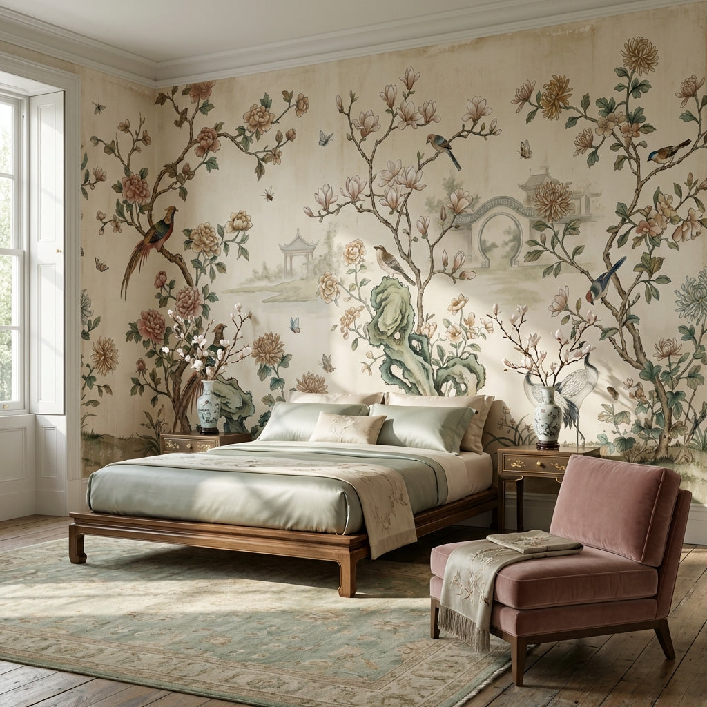 Floral Wallpaper Birds Asian Wall Mural