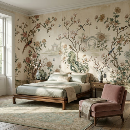 Floral Wallpaper Birds Asian Wall Mural