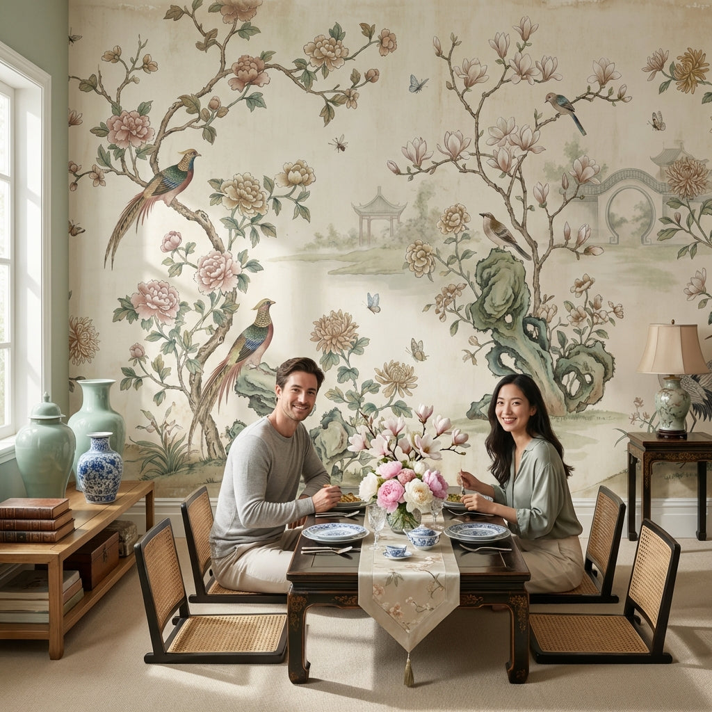 Floral Wallpaper Birds Asian Wall Mural