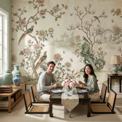 Floral Wallpaper Birds Asian Wall Mural
