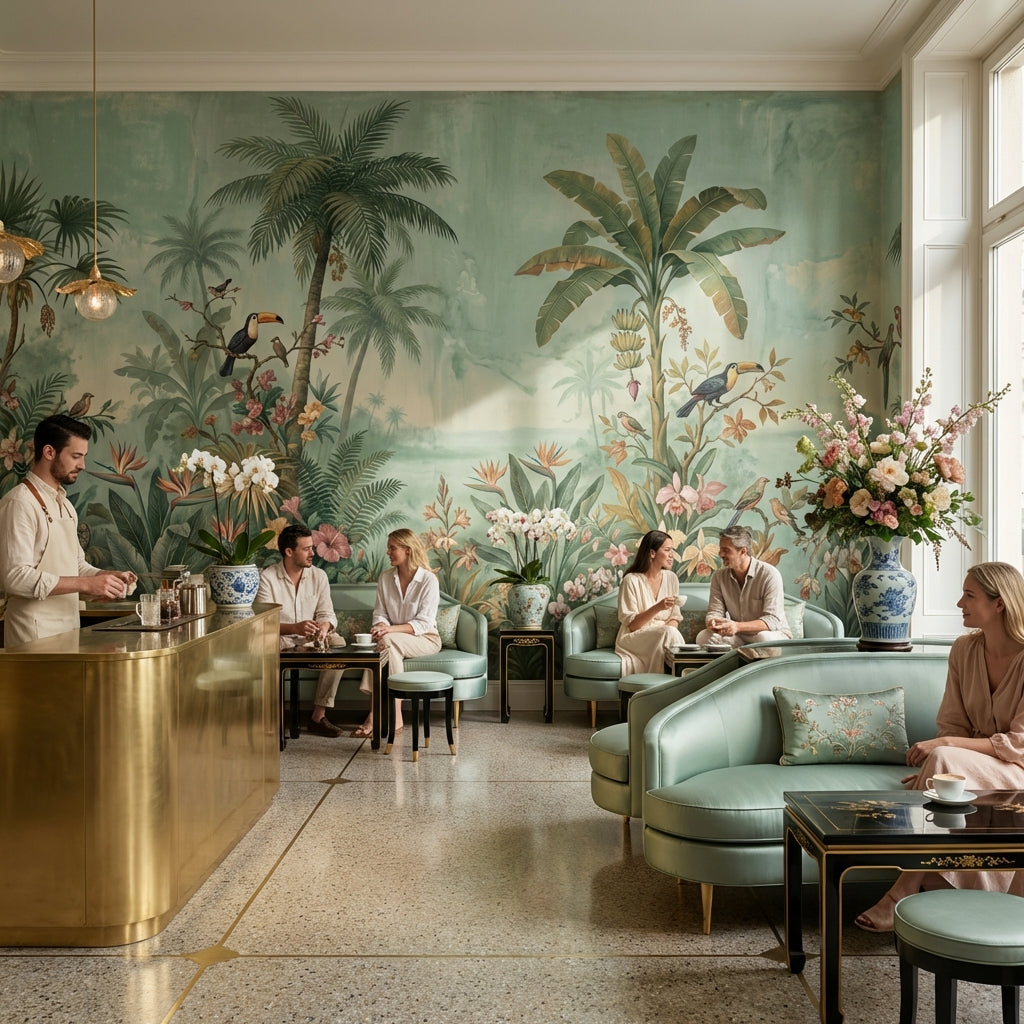 Tropical Birds Wallpaper Muted Green Removable Wall Decor