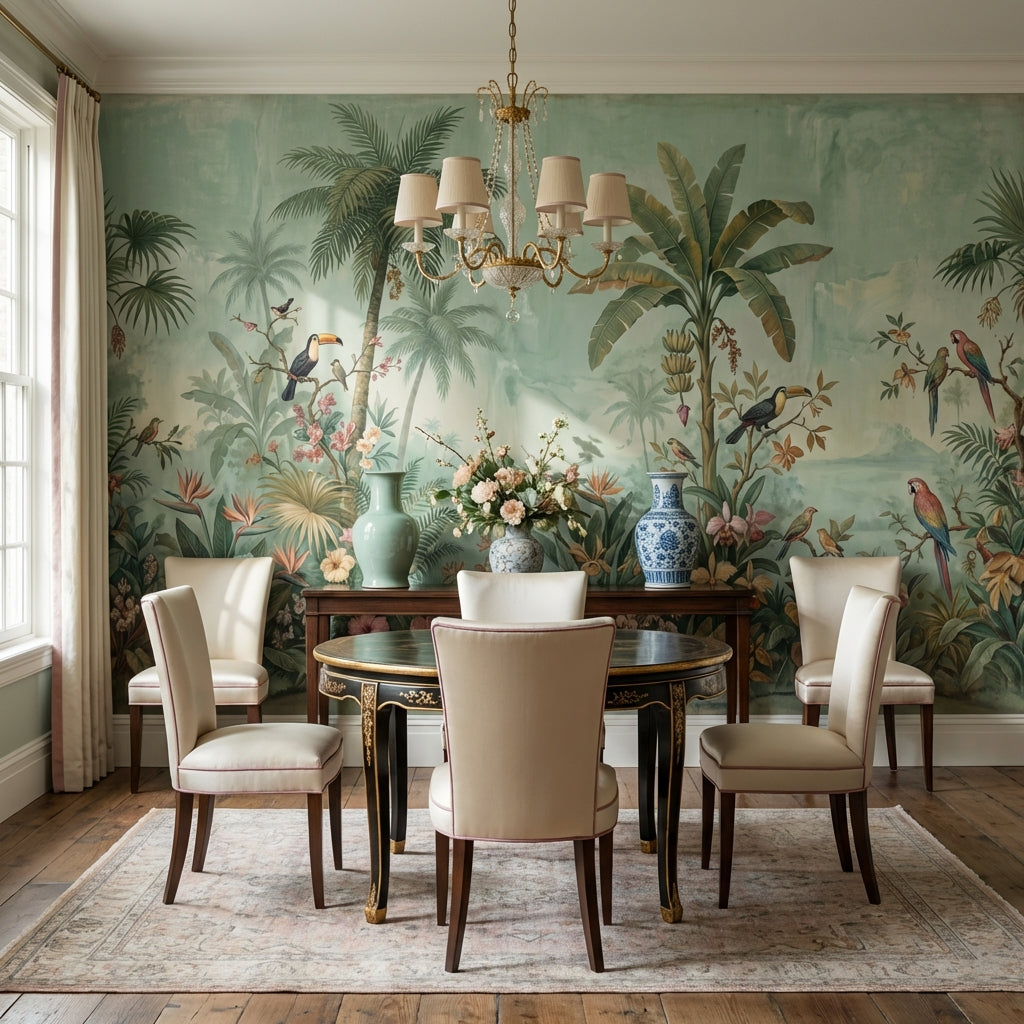 Tropical Birds Wallpaper Muted Green Removable Wall Decor