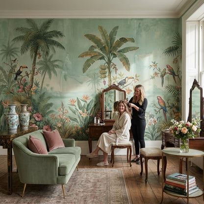 Tropical Birds Wallpaper Muted Green Removable Wall Decor