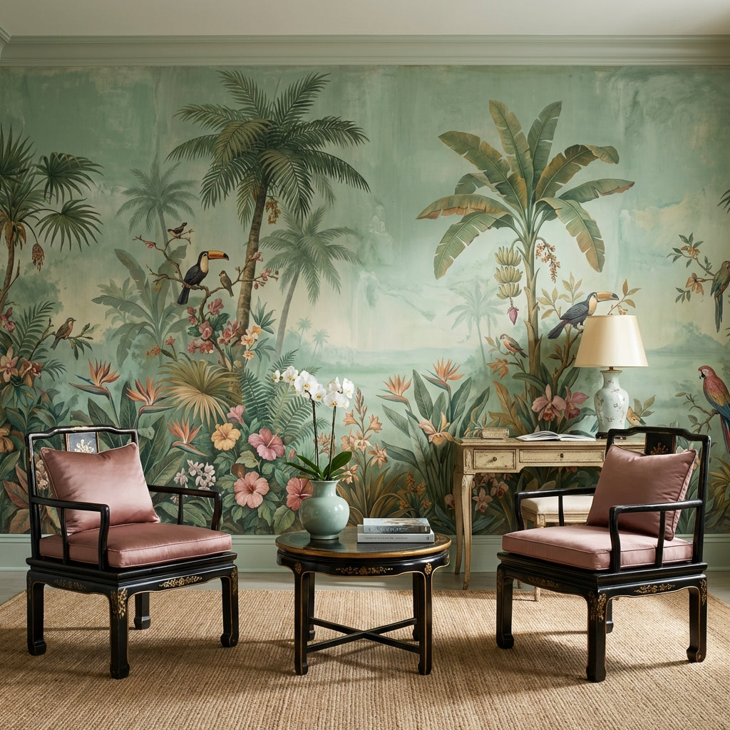 Tropical Birds Wallpaper Muted Green Removable Wall Decor
