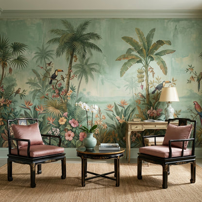 Tropical Birds Wallpaper Muted Green Removable Wall Decor