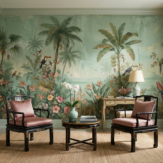Tropical Birds Wallpaper Muted Green Removable Wall Decor