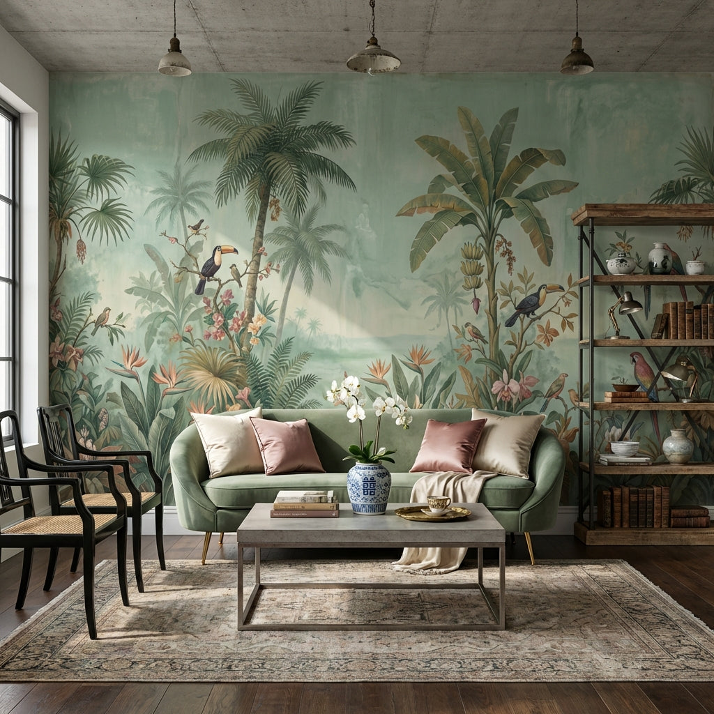 Tropical Birds Wallpaper Muted Green Removable Wall Decor