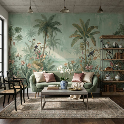 Tropical Birds Wallpaper Muted Green Removable Wall Decor