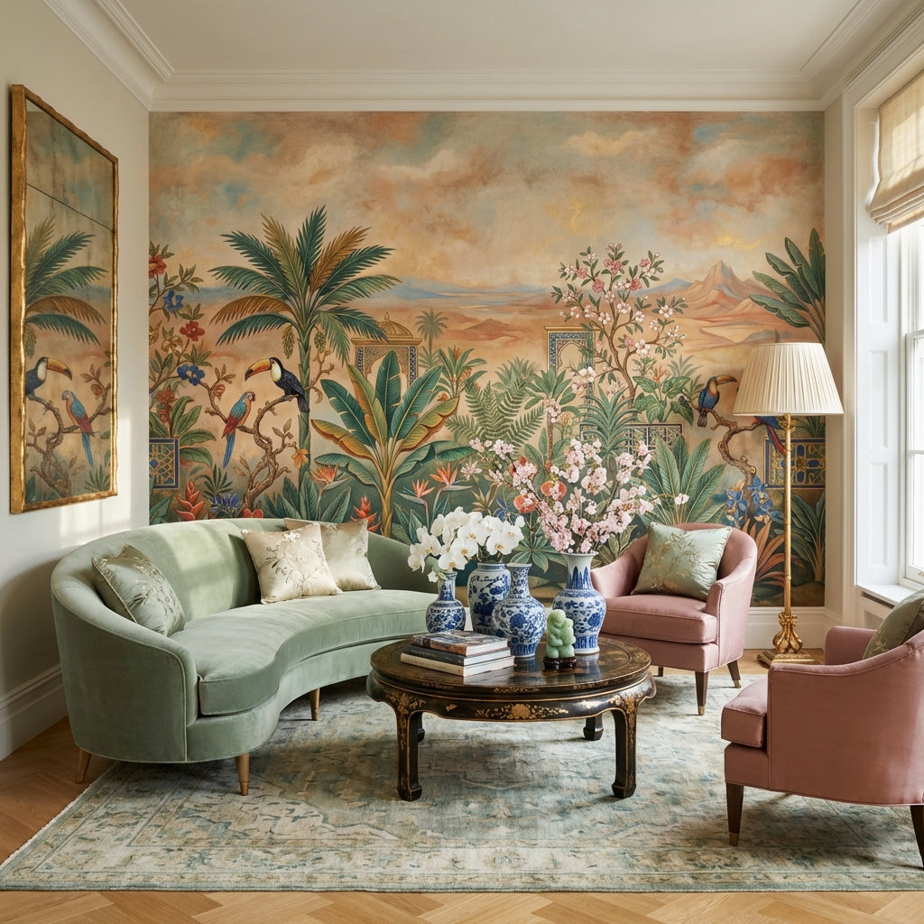 Tropical Birds Wallpaper Palm Trees Mountain Wall Mural