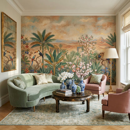 Tropical Birds Wallpaper Palm Trees Mountain Wall Mural