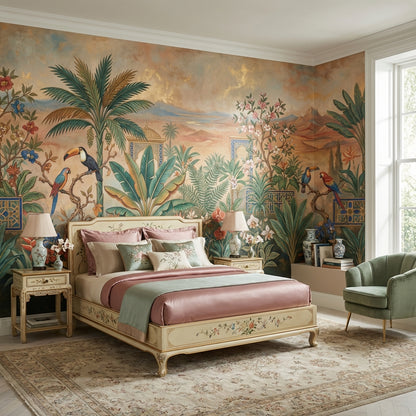 Tropical Birds Wallpaper Palm Trees Mountain Wall Mural