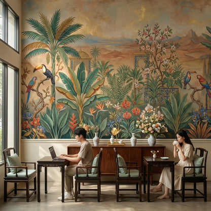 Tropical Birds Wallpaper Palm Trees Mountain Wall Mural