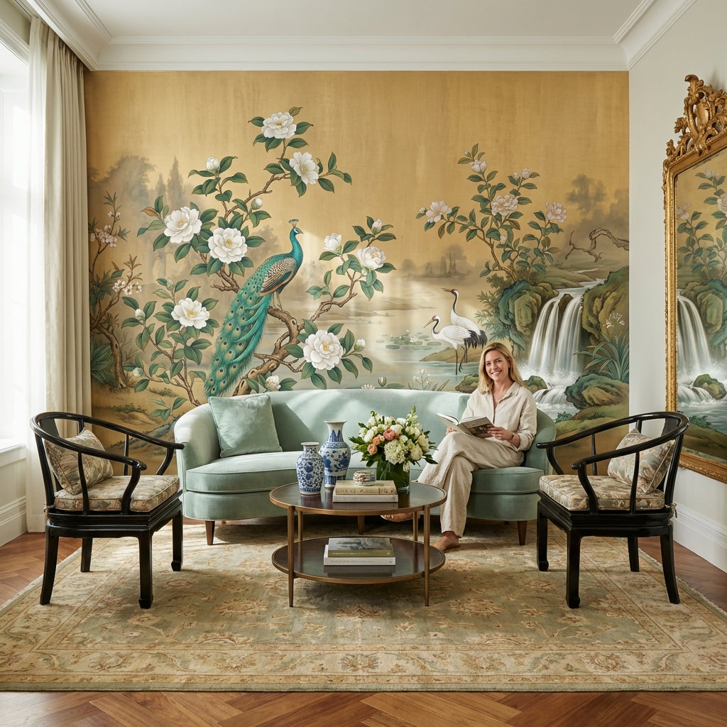 Peacock Wallpaper Cranes Waterfall Wall Mural